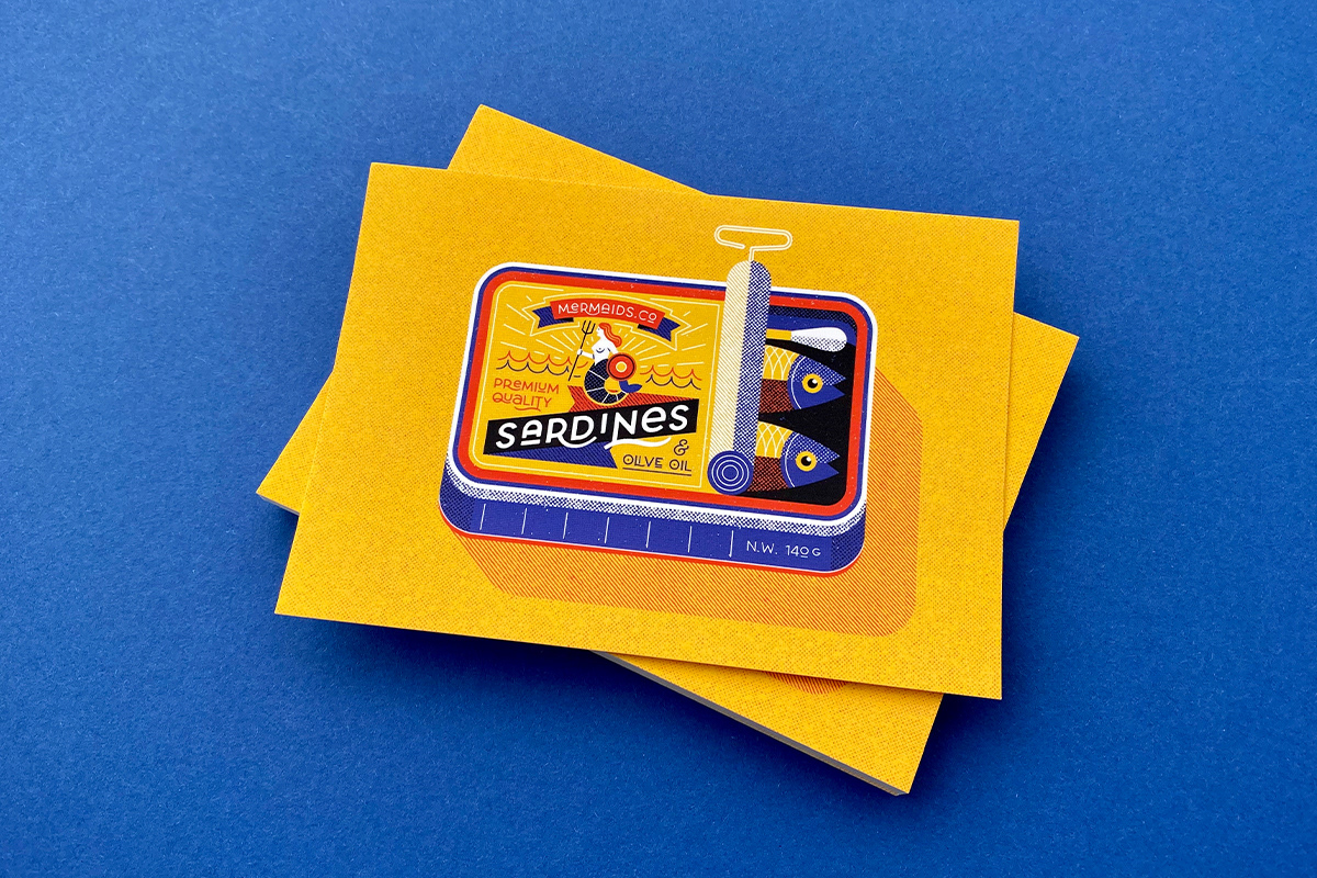 Sardine can illustration postcards by Adrian Bauer