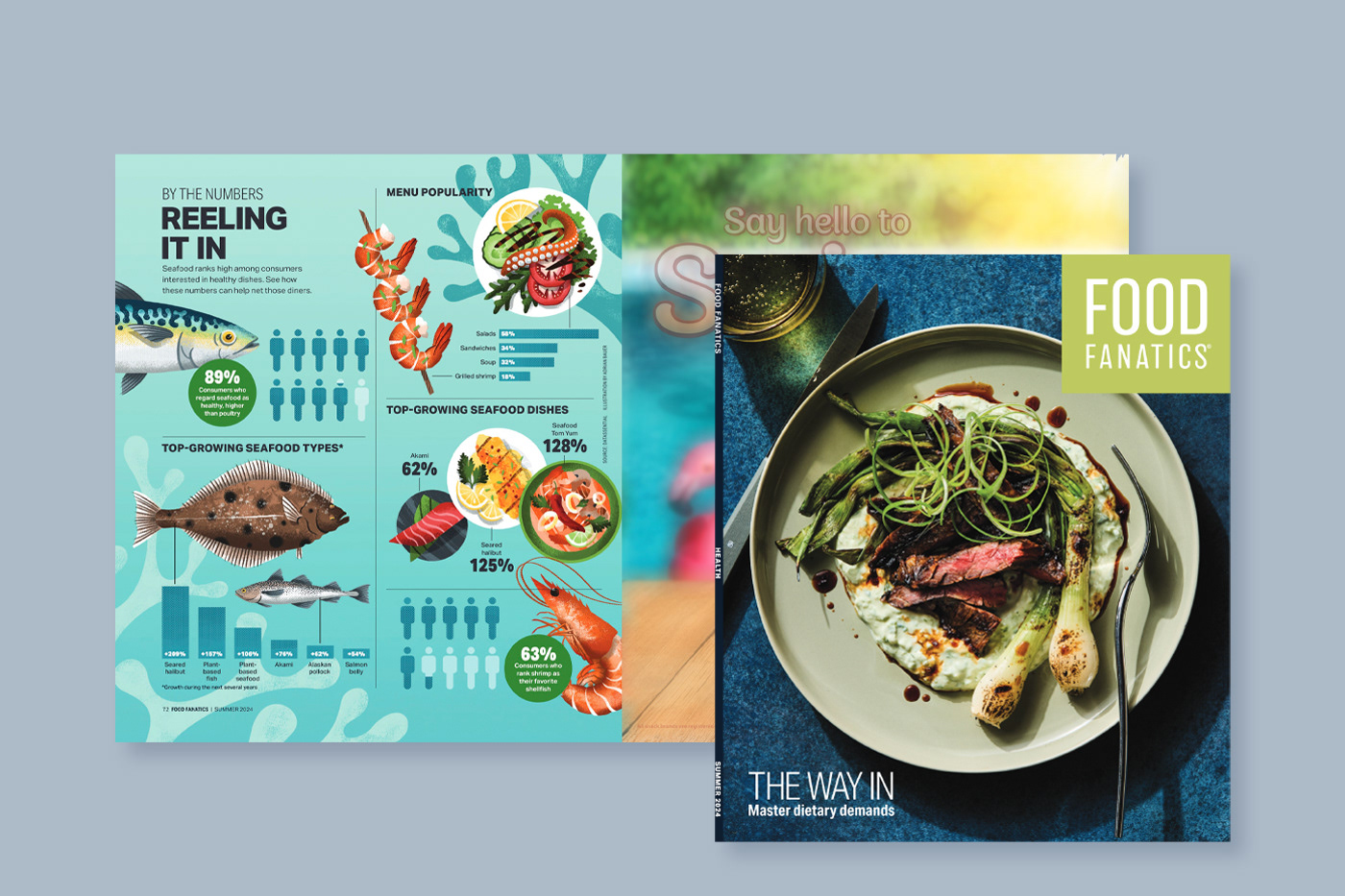 Printed page preview of seafood infographic of Food Fanatics Magazine.