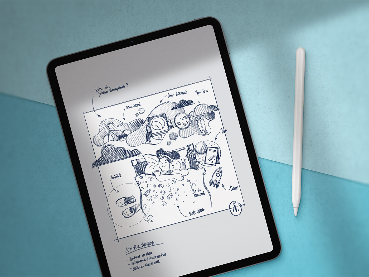 Sketch and concept for cover illustration on an iPad