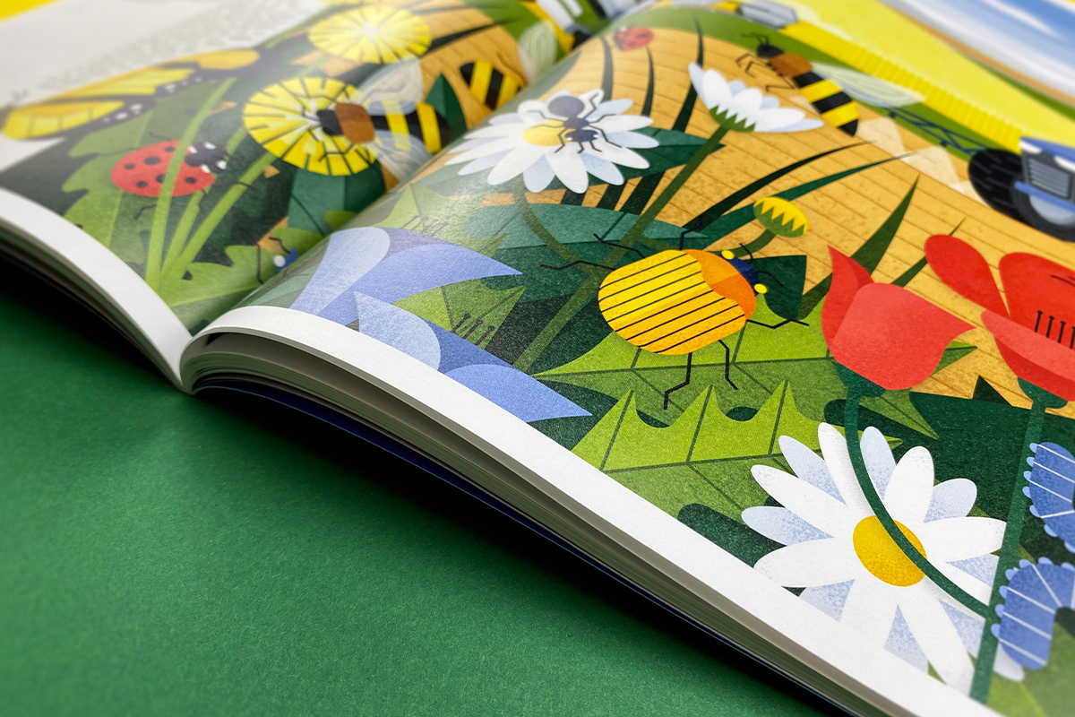 Summer field illustration with insects and agriculture machines in the background by Adrian Bauer