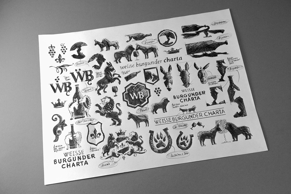 Sketches for Weisse Burgunder Charta logo design by Adrian Bauer
