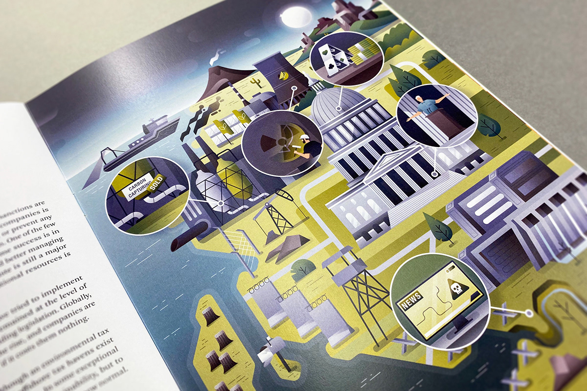 Editorial illustration for sustainability report for Roland Berger by Adrian Bauer