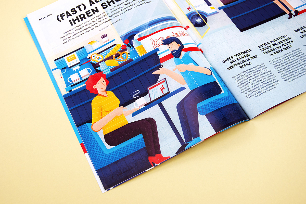Double-page spread of an illustrated Lekkerland store