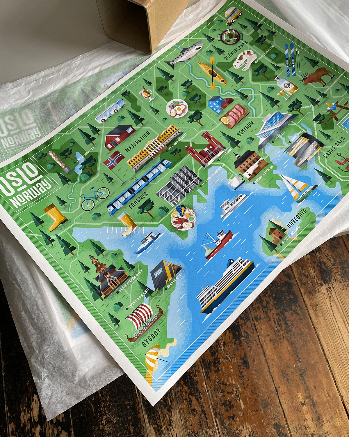 Printed Oslo map illustrations by Adrian Bauer