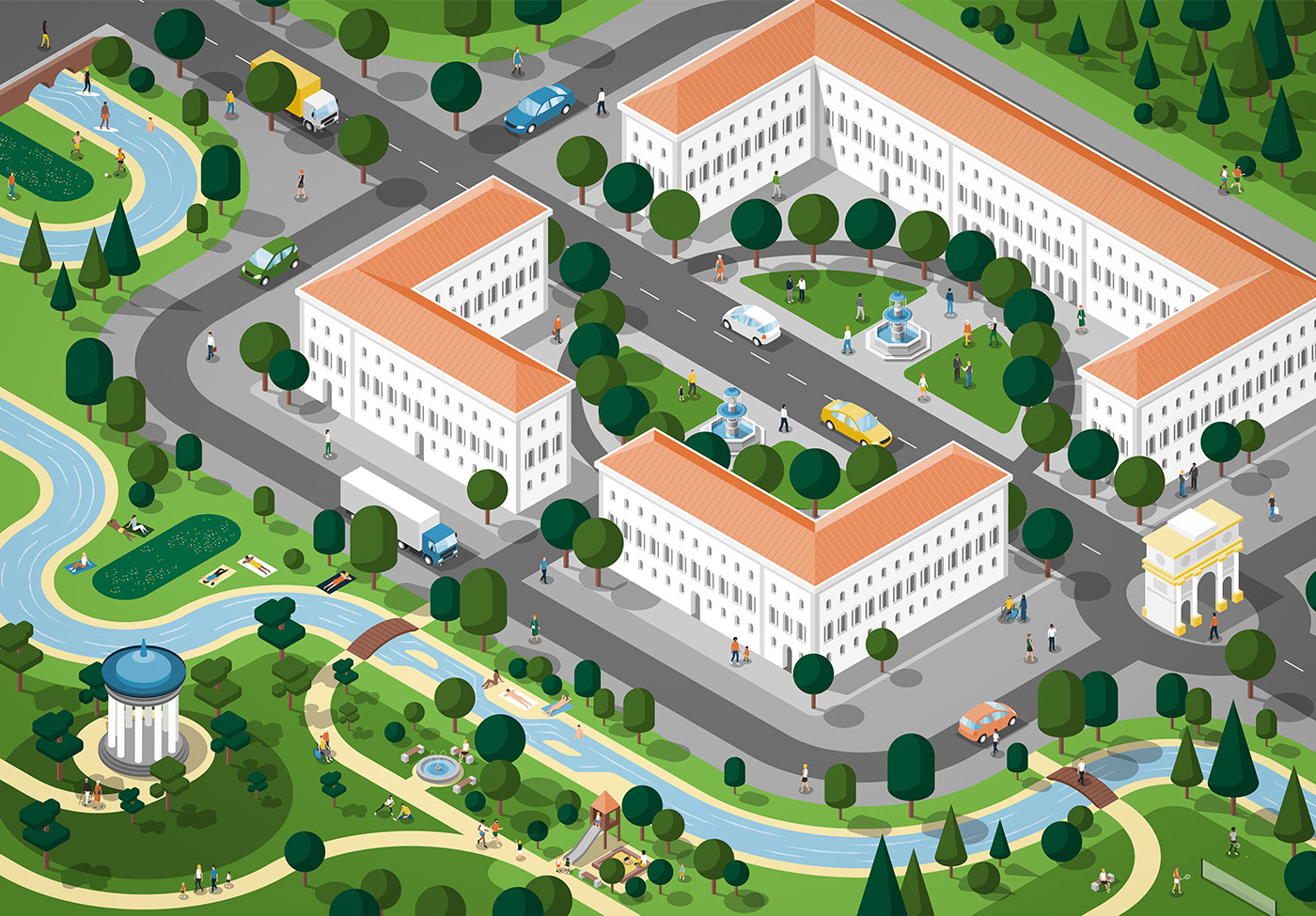 Isometric illustration of Ludwig-Maximilians-Universität and Englischer Garten in Munich by Adrian Bauer