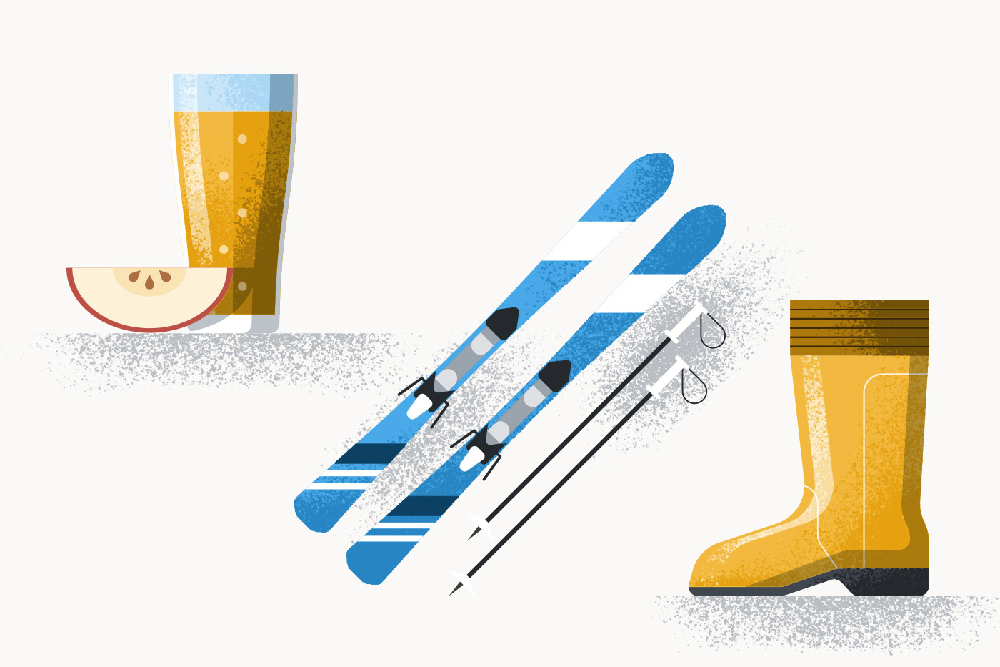 Illustrated icons of skiing, cider and rubber boat by Adrian Bauer