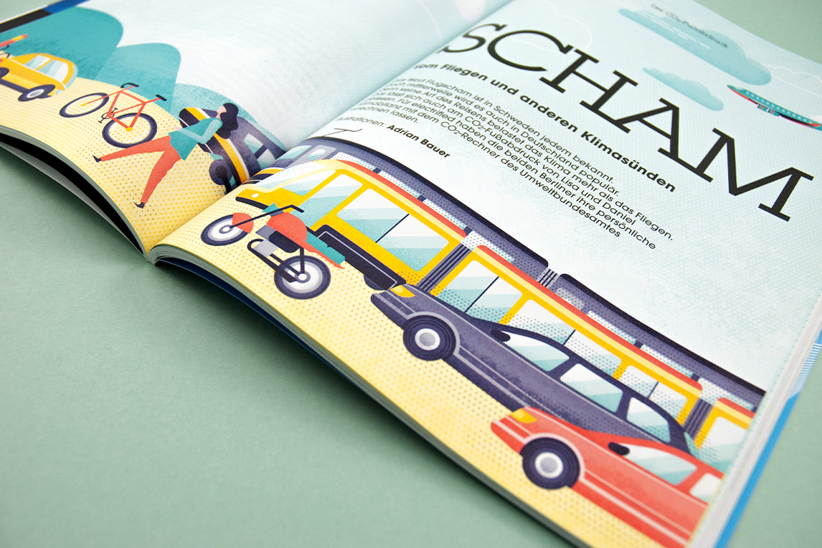 Close up of illustrated spread about the environmental impact of aviation for Electrified by Adrian Bauer