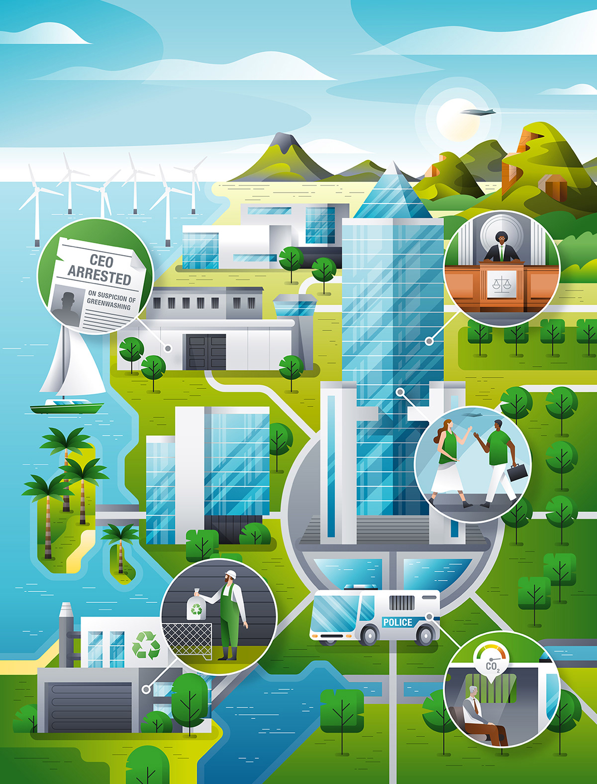 Map illustration of a futuristic sustainable scenario of a planned new world with buildings, companies and green vegetation by Adrian Bauer