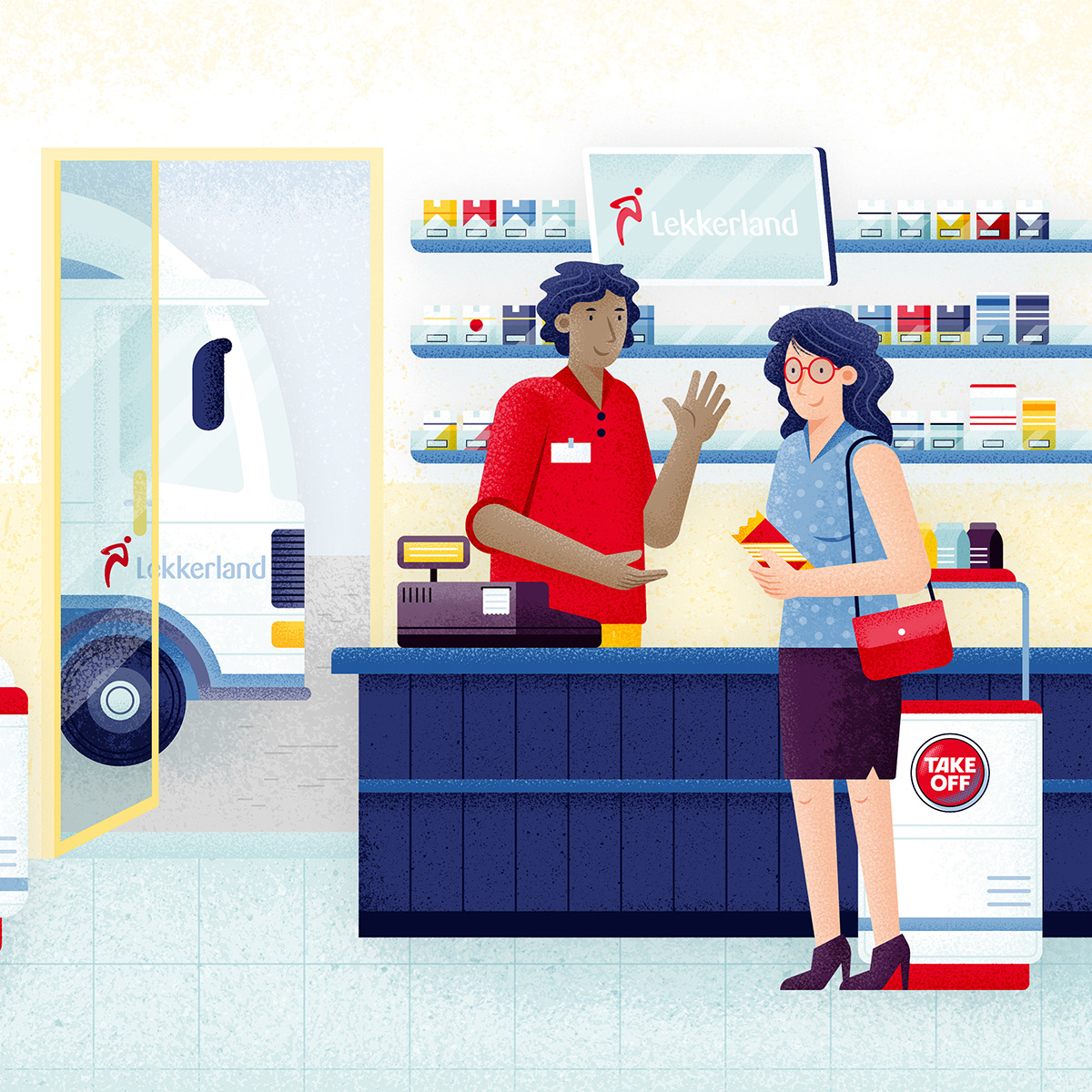 Illustration for Lekkerland magazine, shows a shop assistant and a woman in a Lekkerland store