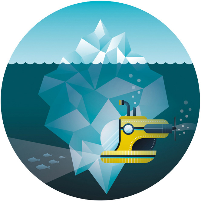 Yellow submarine dives under a iceberg