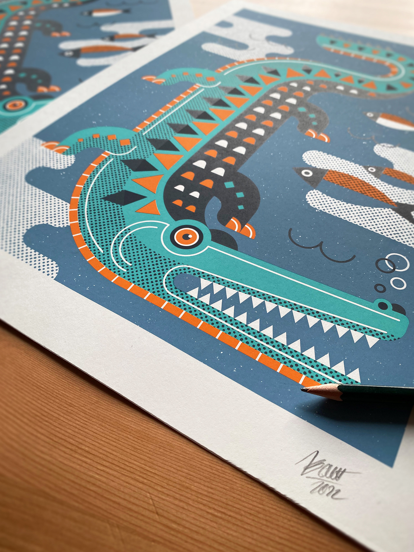 Four colored crocodile screenprint by Adrian Bauer