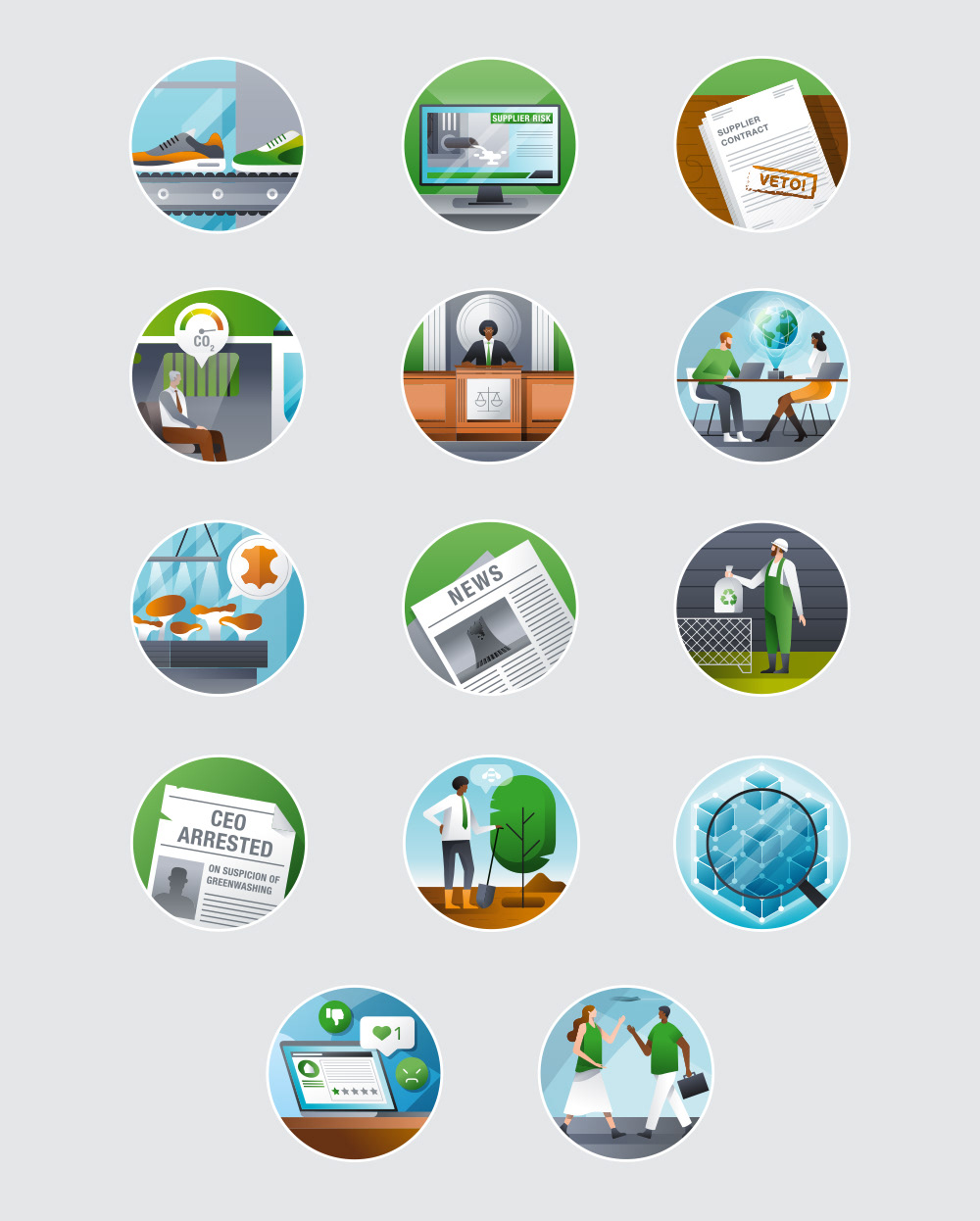 Various icons, pictograms, vignettes and signets for Enercity, Bosch, Think:act, VisualVest, VFA, Wieland