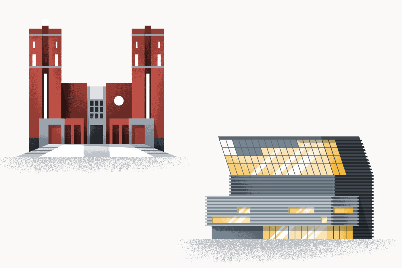 Illustrated icons of the town hall and the munch museum by Adrian Bauer