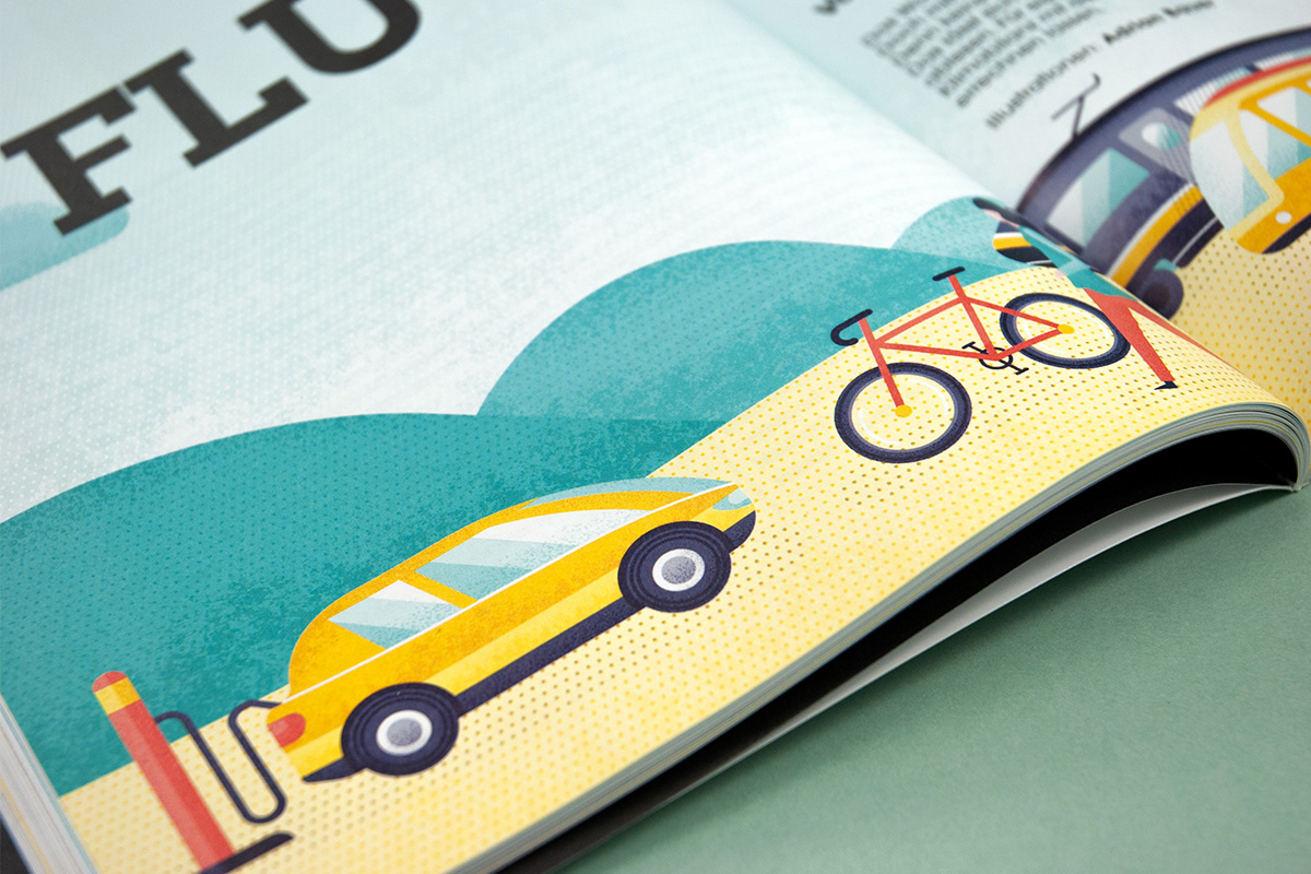 Close up of illustrated spread about the environmental impact of aviation for Electrified by Adrian Bauer
