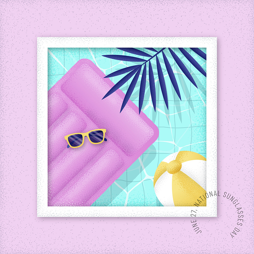 National Sunglasses Day, illustration of sunglasses lying on a inflatable mattress in a pool by Adrian Bauer