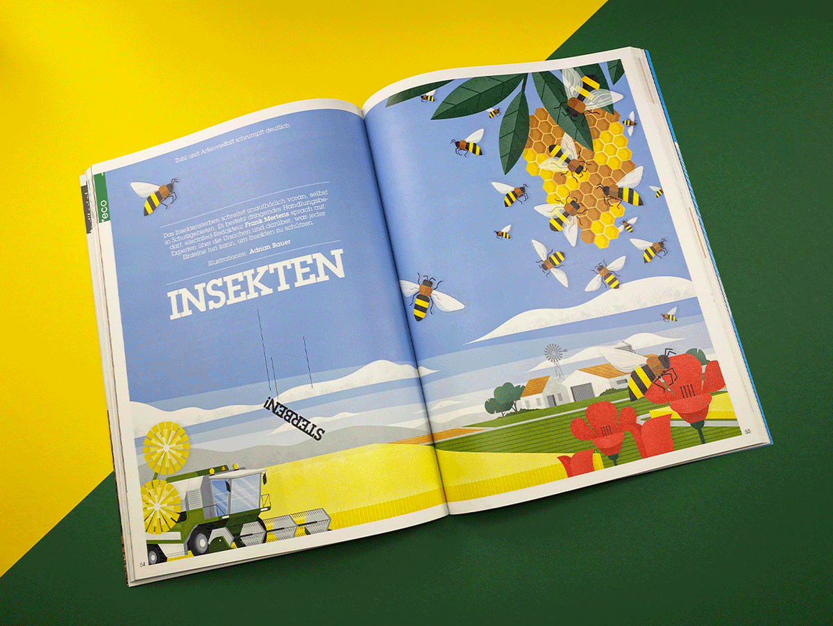 Summer field illustration with insects and agriculture machines in the background by Adrian Bauer