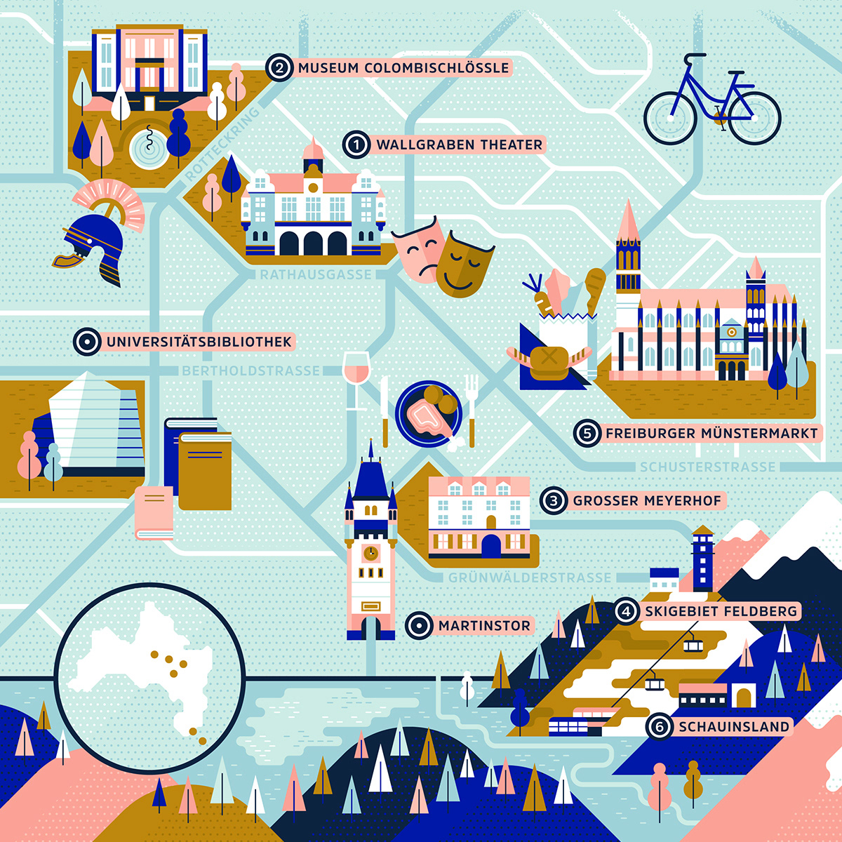 Illustrative map illustration of Freiburg for Agenda magazine by Adrian Bauer