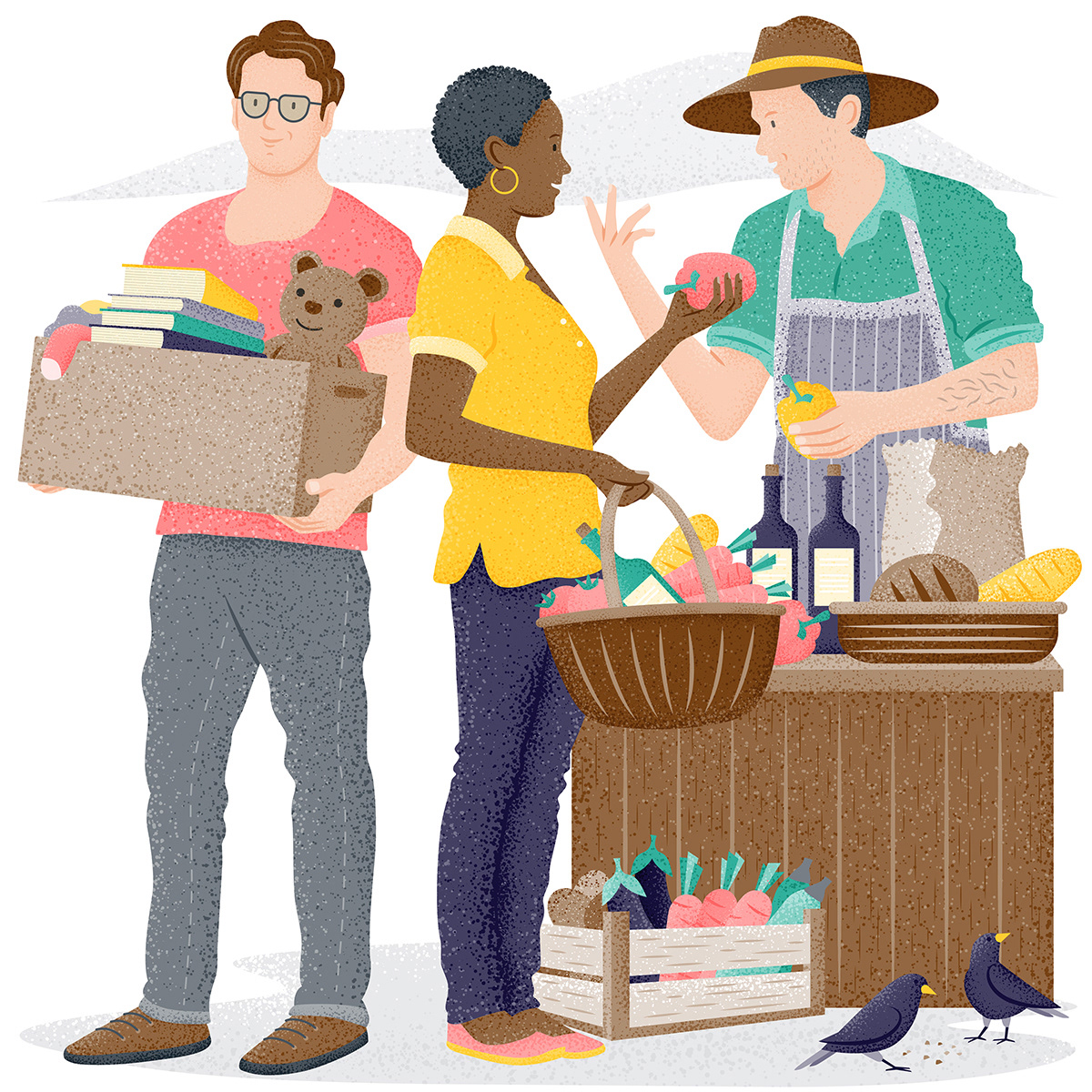 Illustrative market scene for Crossiety by Adrian Bauer