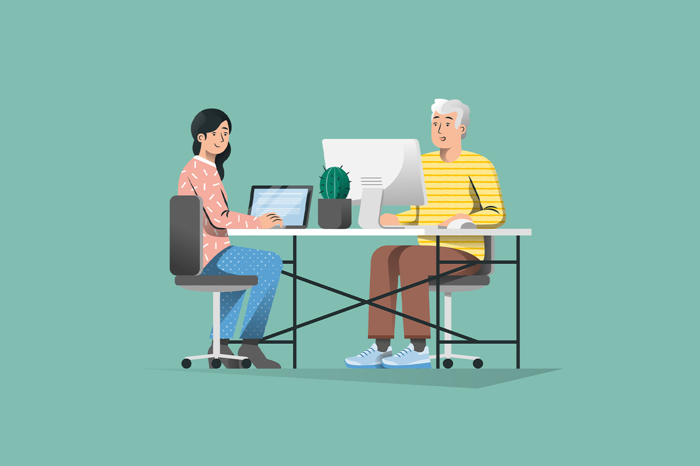 Spot illustration of a woman and a man working together in the office by Adrian Bauer