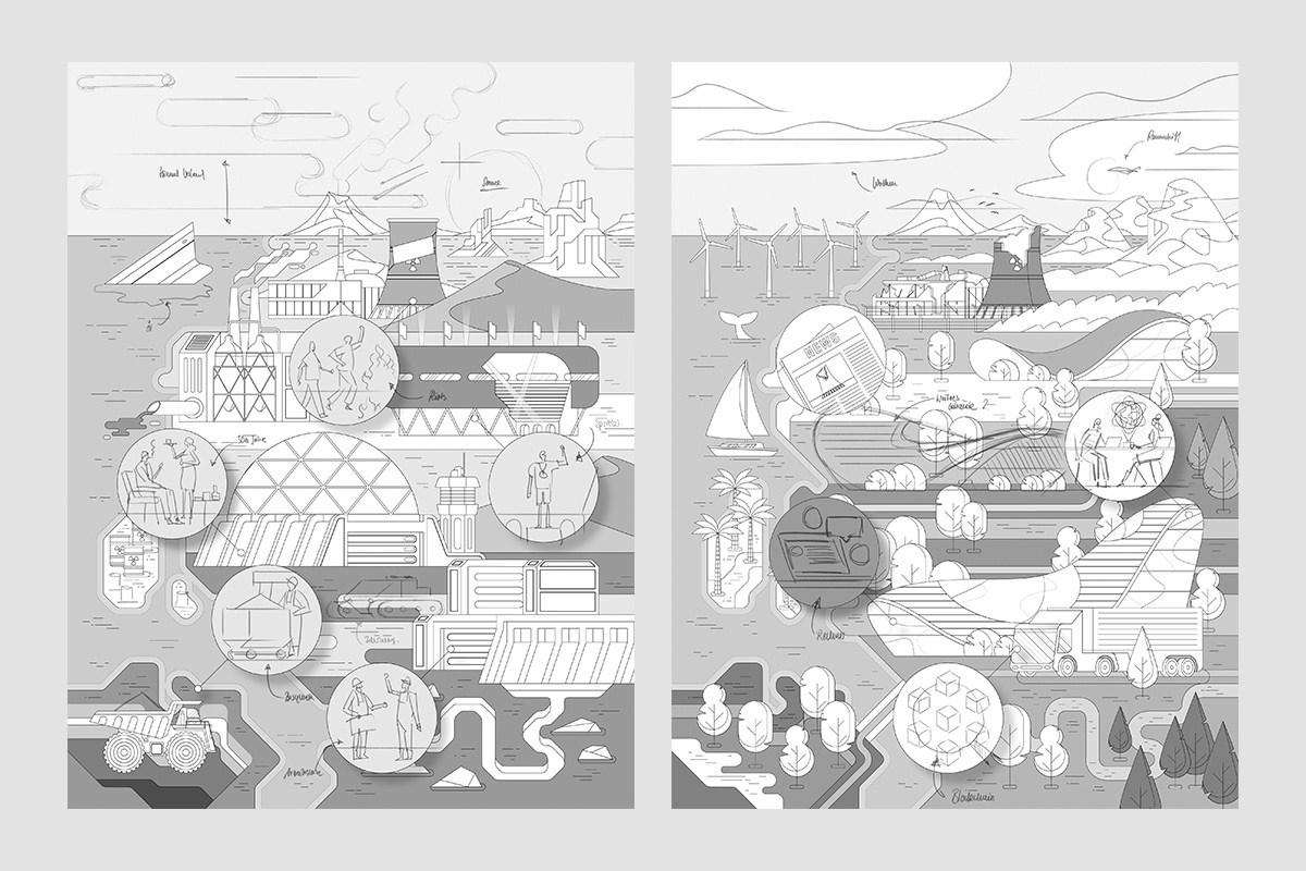 Concept studies and sketches for sustainability scenarios by Adrian Bauer