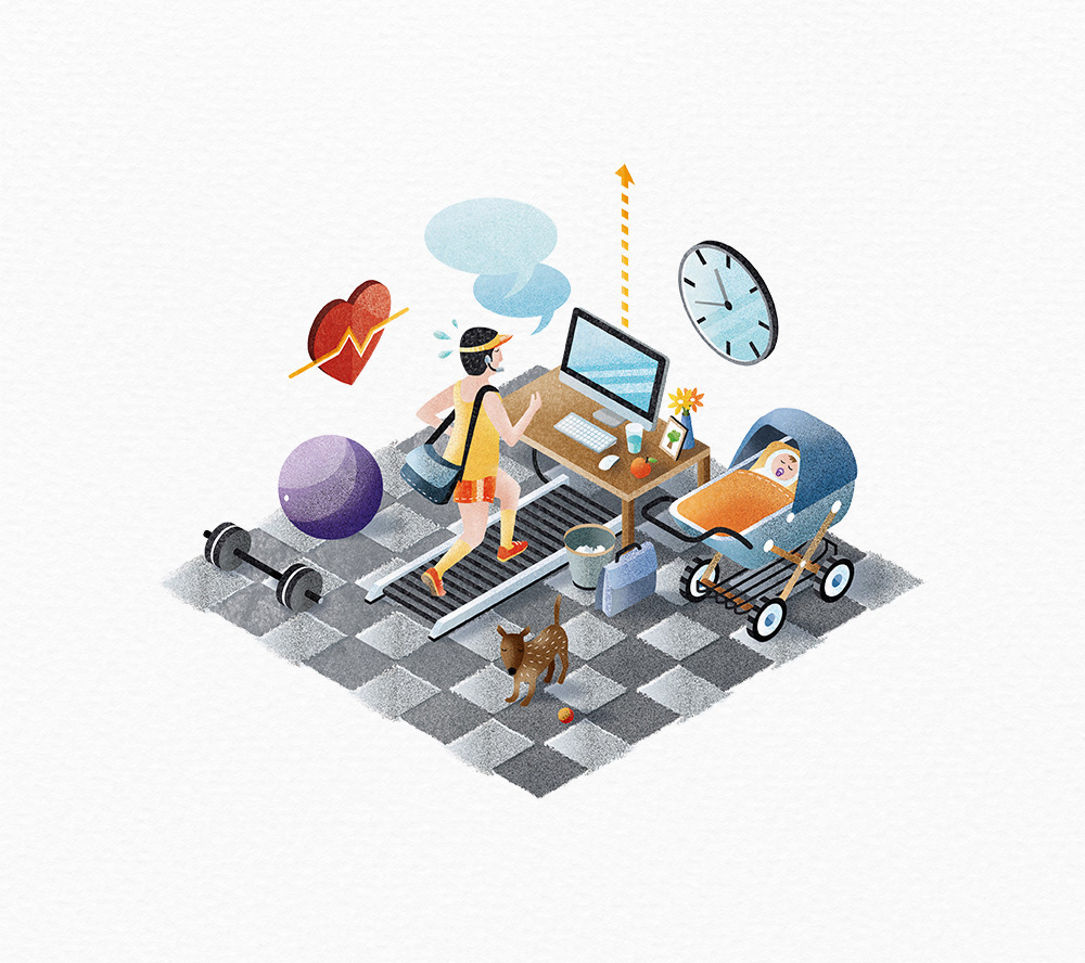 Editorial illustration about multitasking at workspace for Handelsblatt by Adrian Bauer