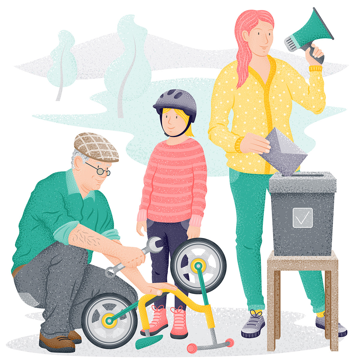 Older man helps little girl to repair her bike, a woman fight is actively involved in the democratic process. Illustration by Adrian Bauer