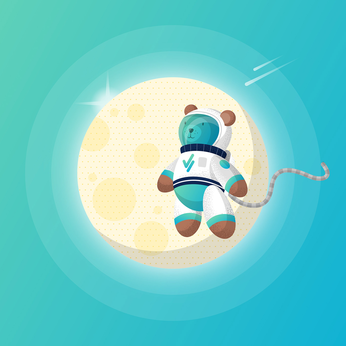 Teddy Astronaut flies in space in front of the moon by Adrian Bauer
