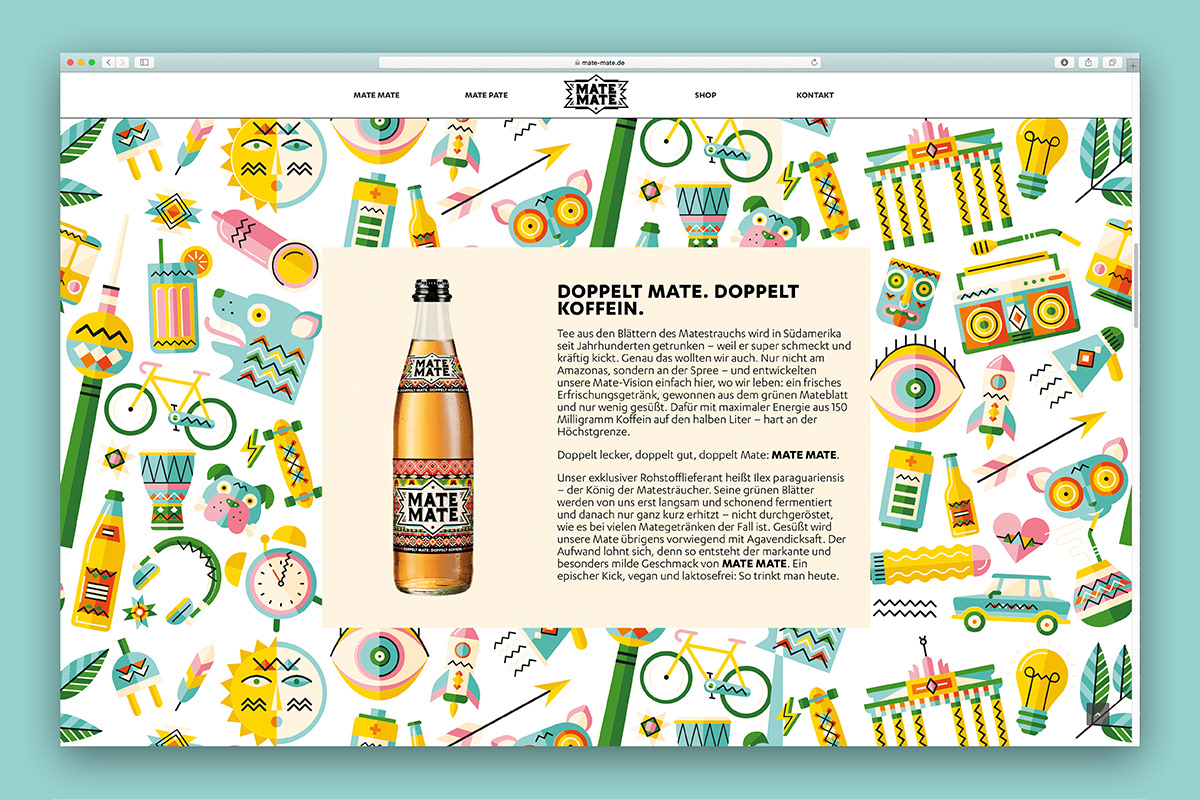 Website with illustrative icon pattern for Thomas Henry’s Mate Mate lemonade by Adrian Bauer