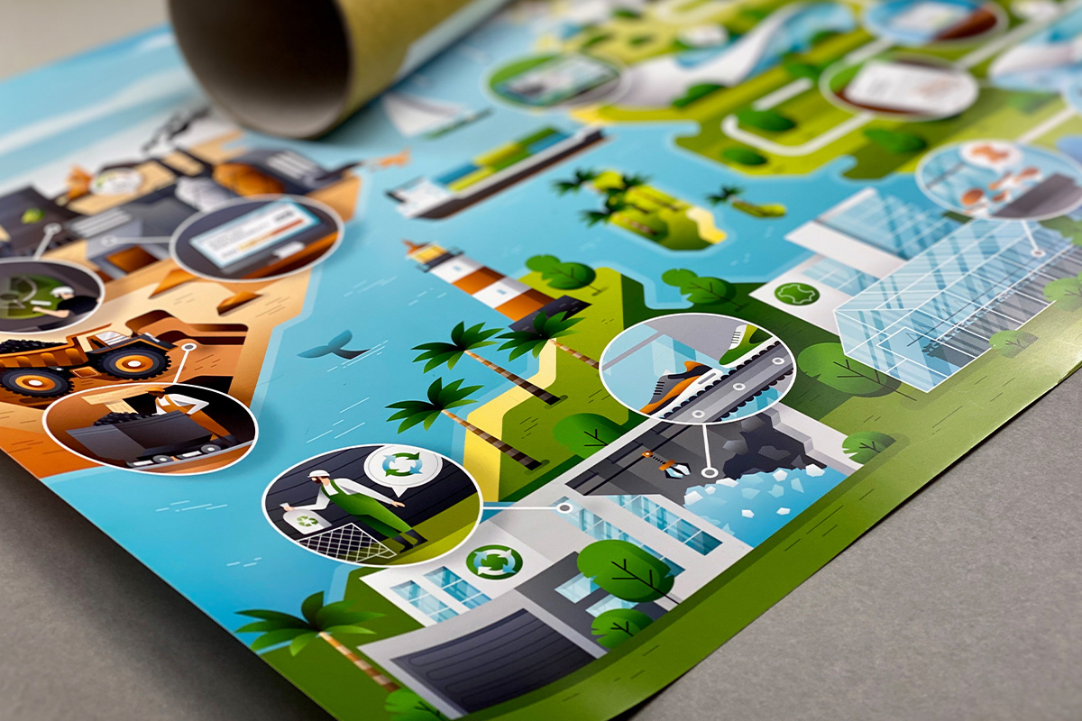 Illustrative poster for sustainability report by Adrian Bauer