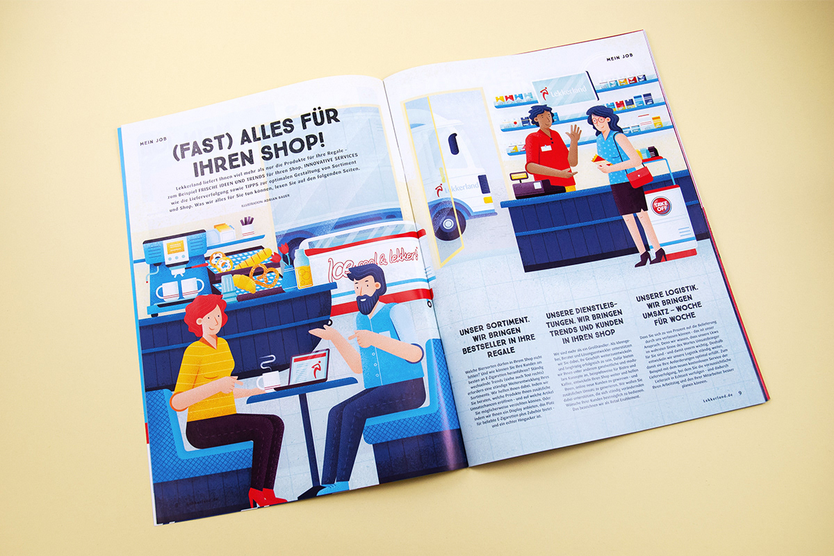 Double-page spread of an illustrated Lekkerland store
