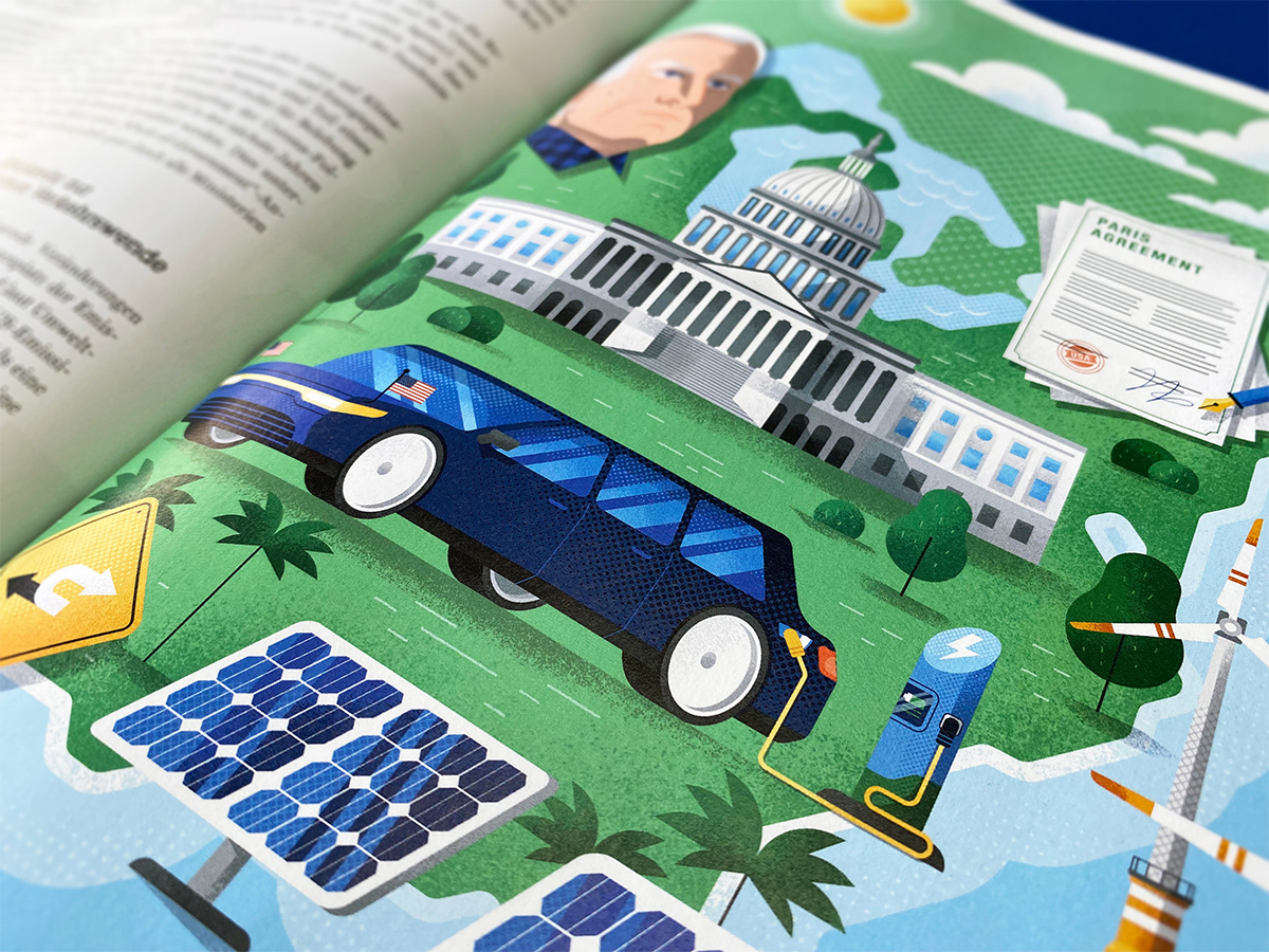 Pictures of printed USA map illustrations in Electrified magazine by Adrian Bauer