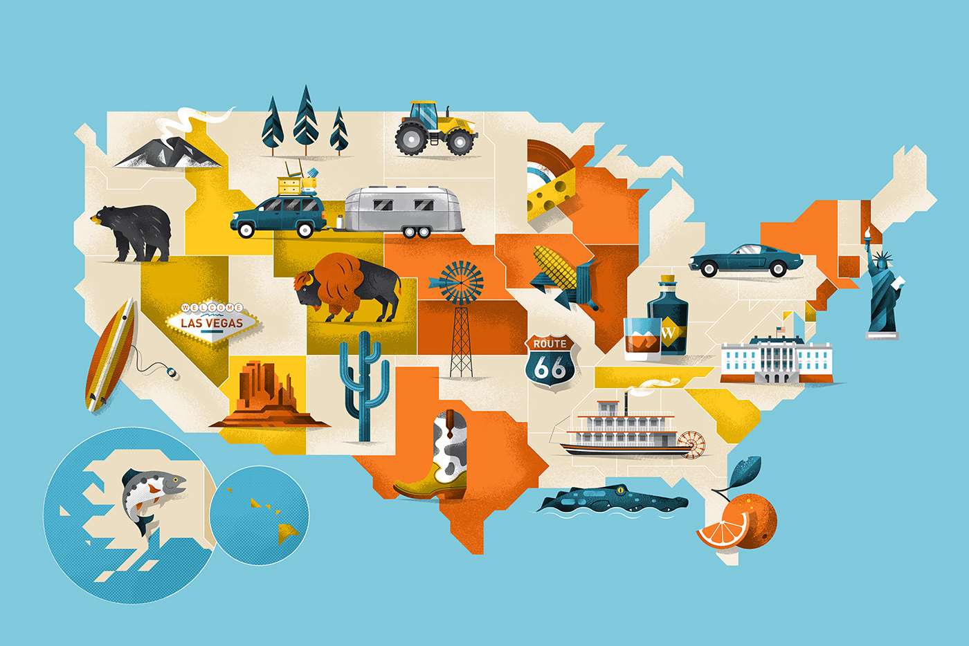 USA tax map illustration with different tourist hotspots by Adrian Bauer