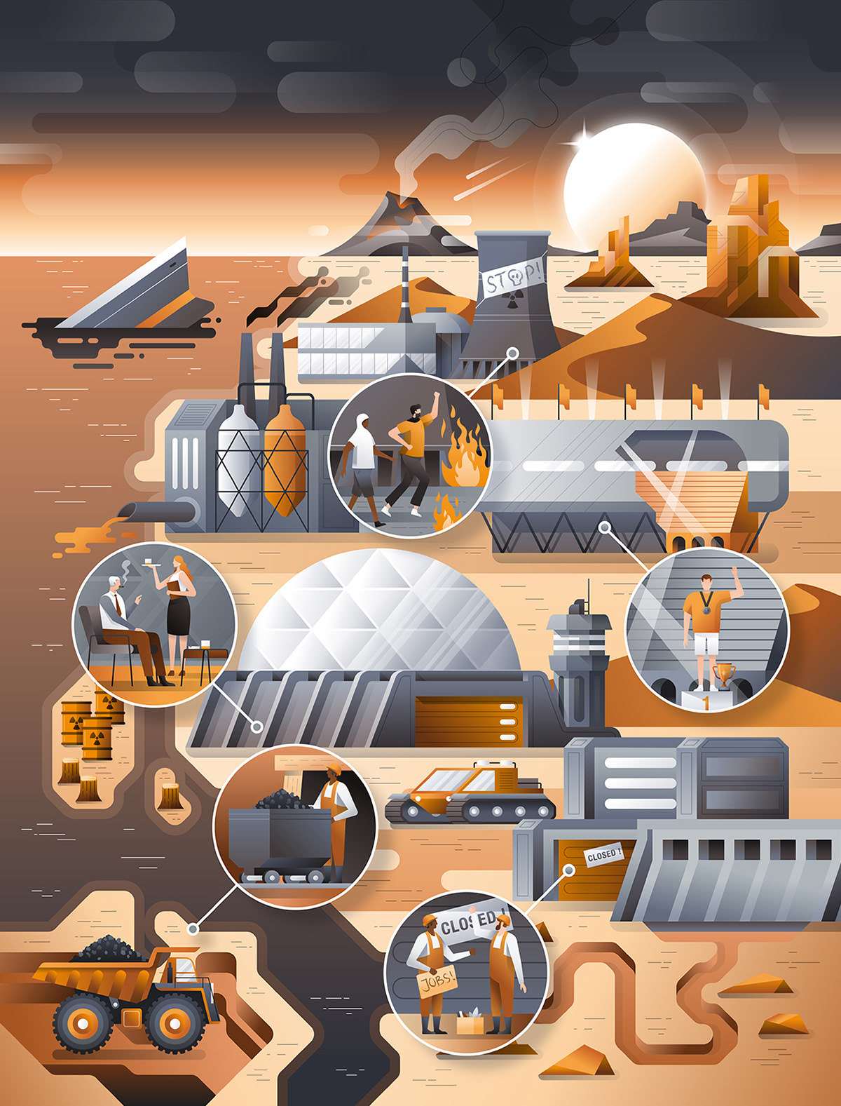 Map illustration of a futuristic distopic scenario with exploitation, riots and environmental destruction by Adrian Bauer