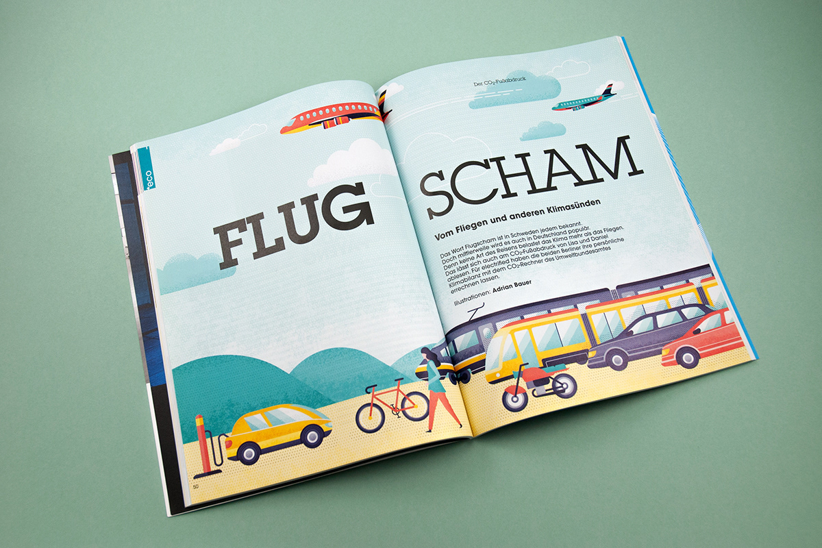 Photography of illustrated spread about the environmental impact of aviation for Electrified by Adrian Bauer