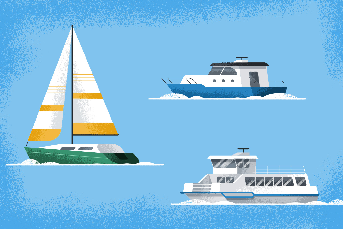 Illustrated icons of a sailing ship, a motorboat and Oslo’s ferry by Adrian Bauer
