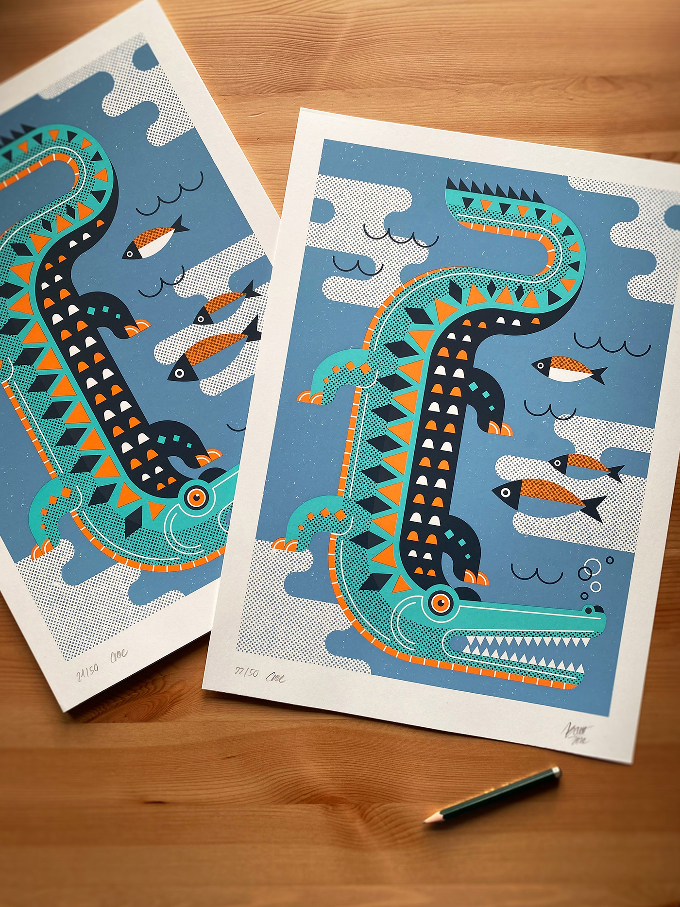 Four colored crocodile screenprint by Adrian Bauer