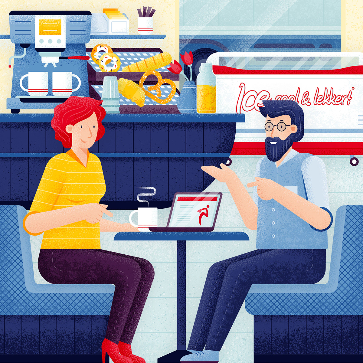 Illustration for Lekkerland magazine, shows a man and a woman sitting in a lekkerland food store and drinking coffee