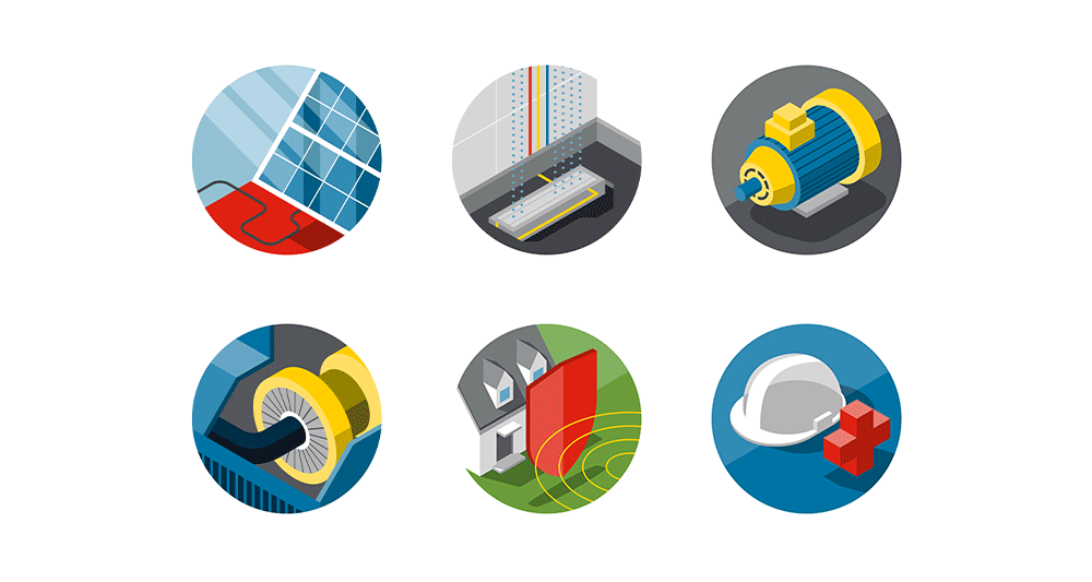 Various icons, pictograms, vignettes and signets for Enercity, Bosch, Think:act, VisualVest, VFA, Wieland
