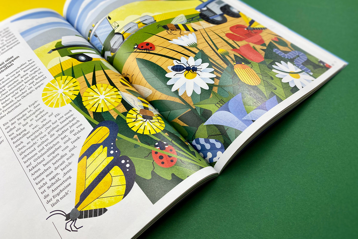 Summer field illustration with insects and agriculture machines in the background by Adrian Bauer