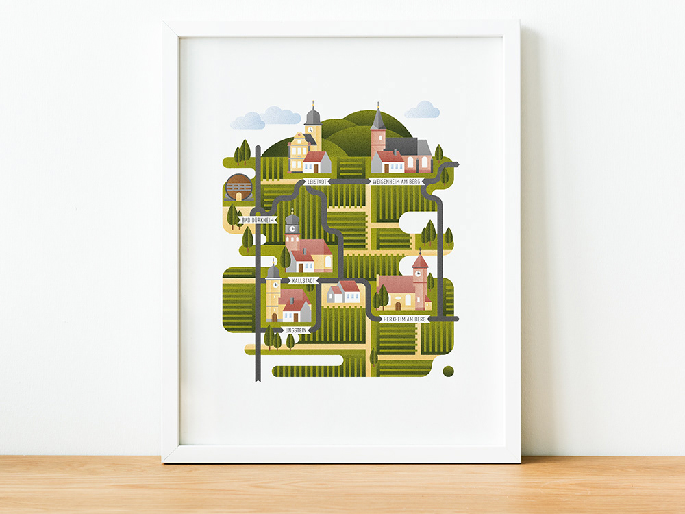 Framed illustrated map of palatinate wine region by Adrian Bauer