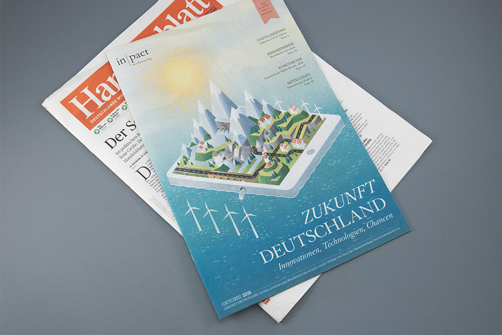 Printed issue of Handelsblatt with cover illustration by Adrian Bauer
