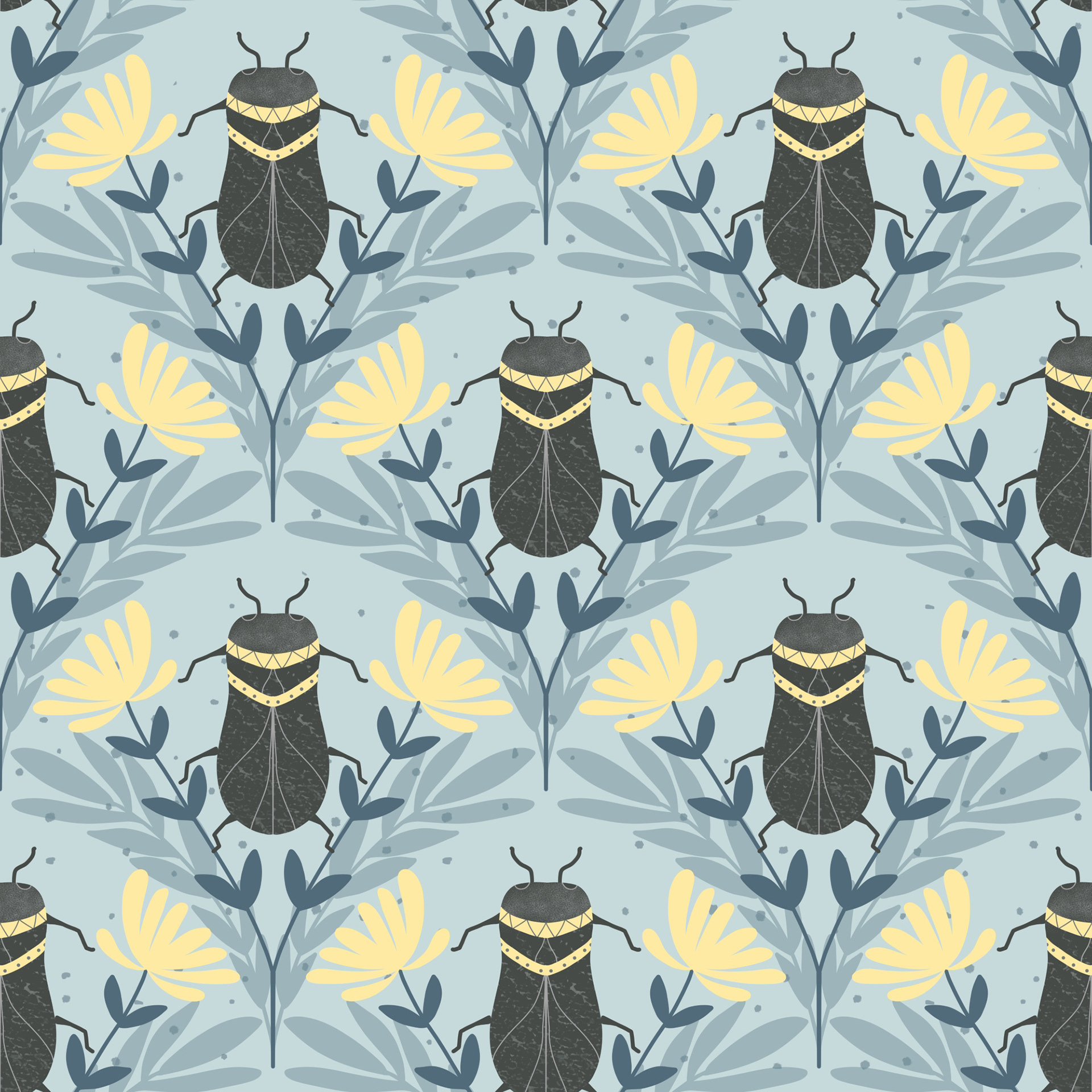 Käfer mit gelben Blüten auf blau
