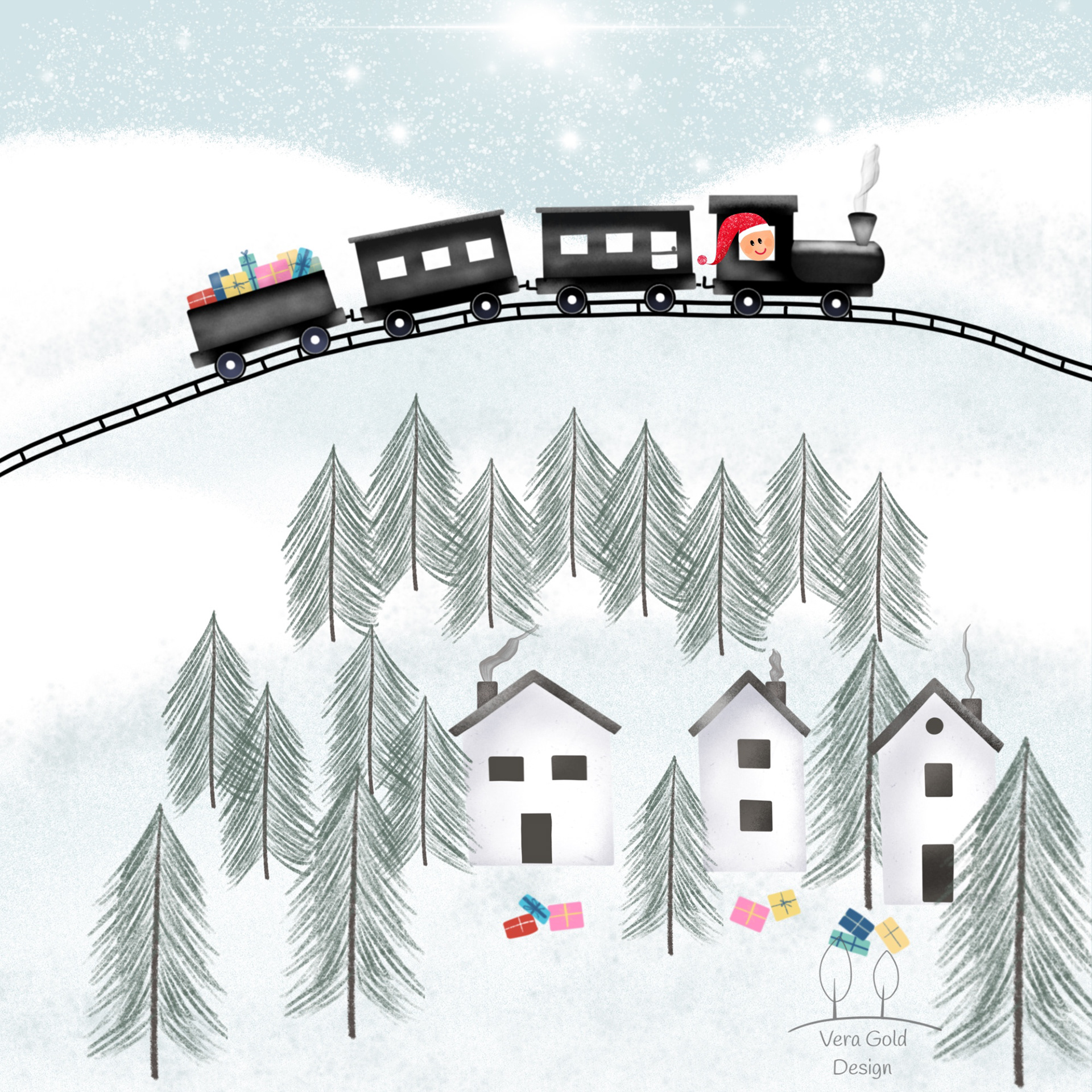 Eisenbahn in Winterlandschaft mit Dorf