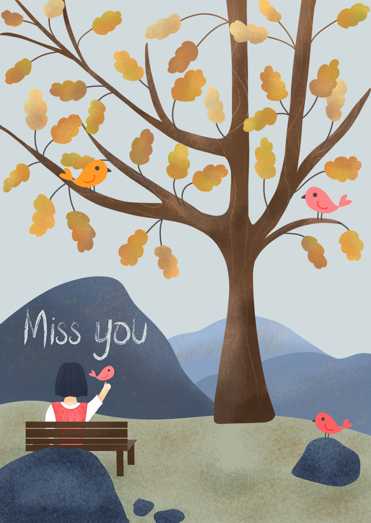 Herbstlandschaft mit Baum und Mädchen im Herbst