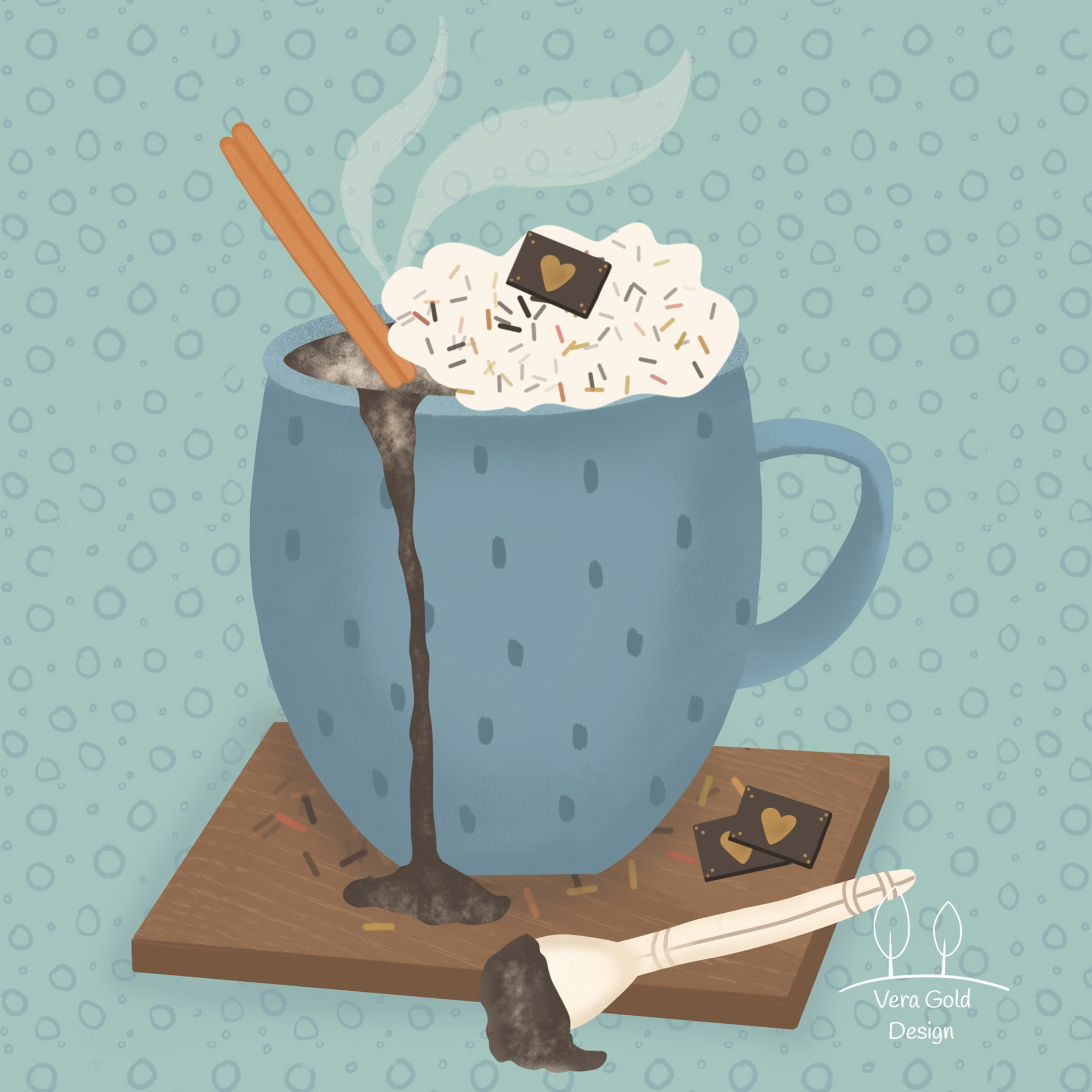 Blaue Tasse mit Kakao und Sahne
