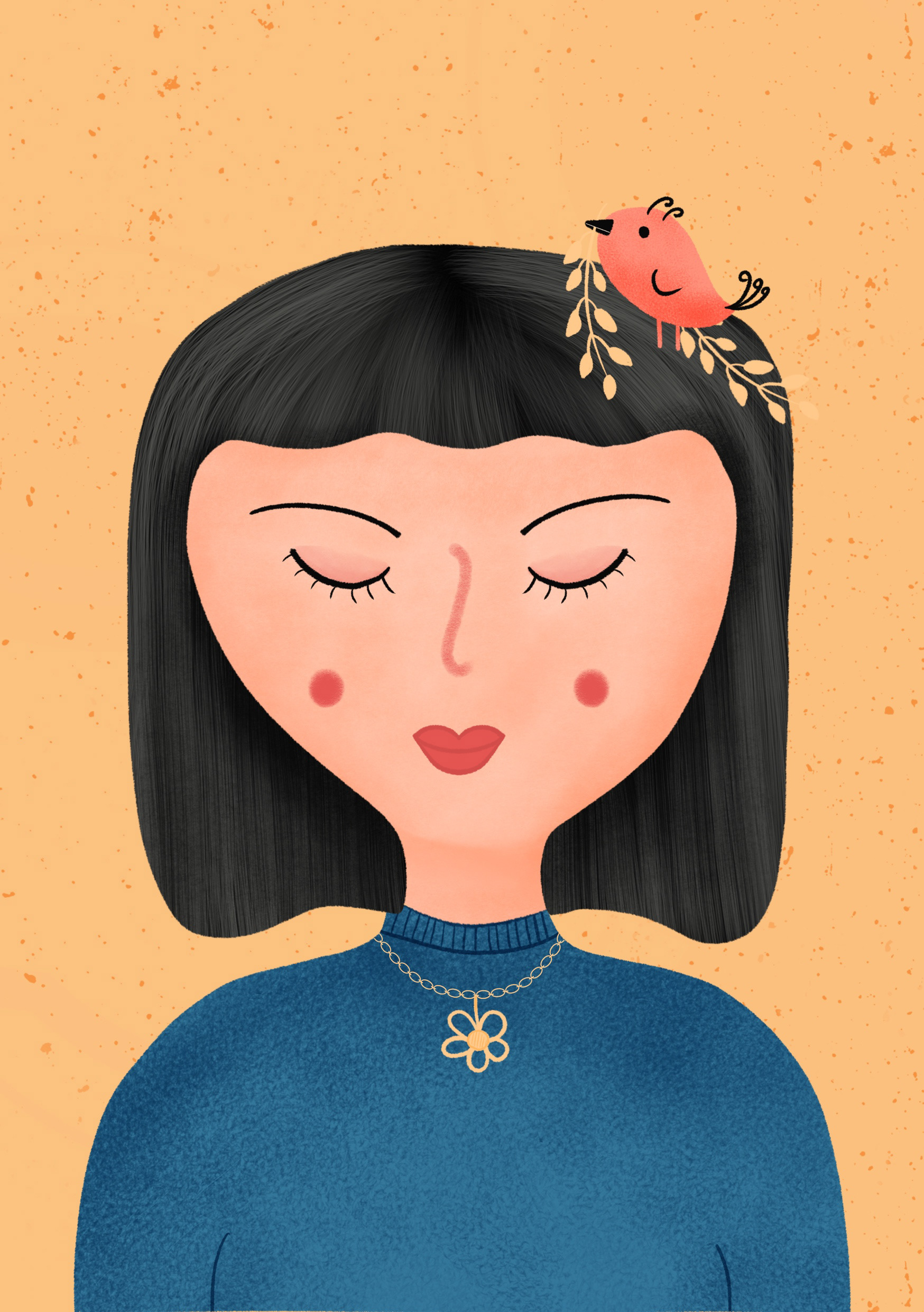 Mädchen mit Vogel auf dem Kopf