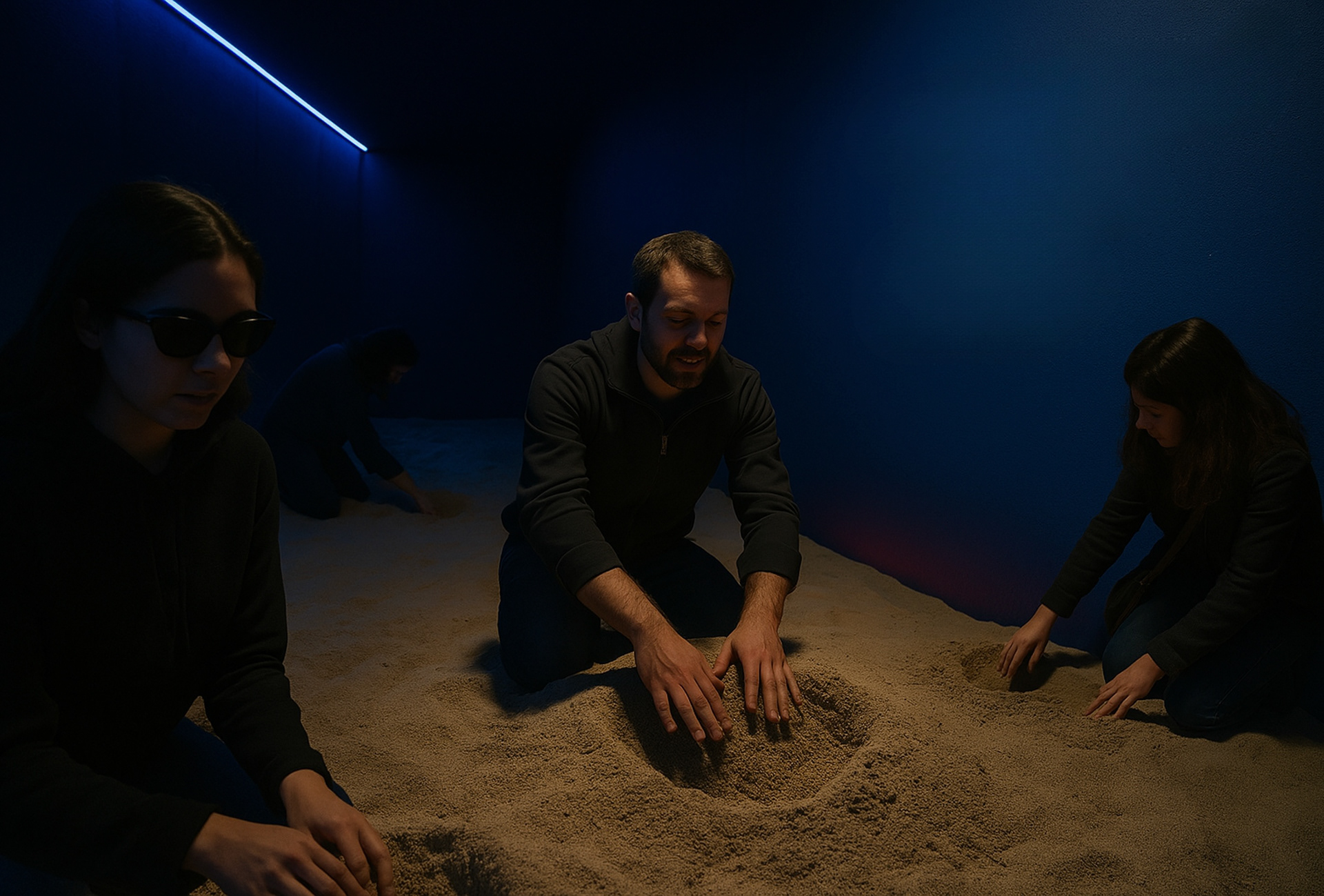 01. Entering the void: The experience begins by narrating the origin of Oteiza's concept of void (negative space), during his childhood on the beach. At this moment, each participant creates their own hole in the sand, and if they are curious and dig deep, they will find an aromatic keychain, which will be their souvenir of the experience.