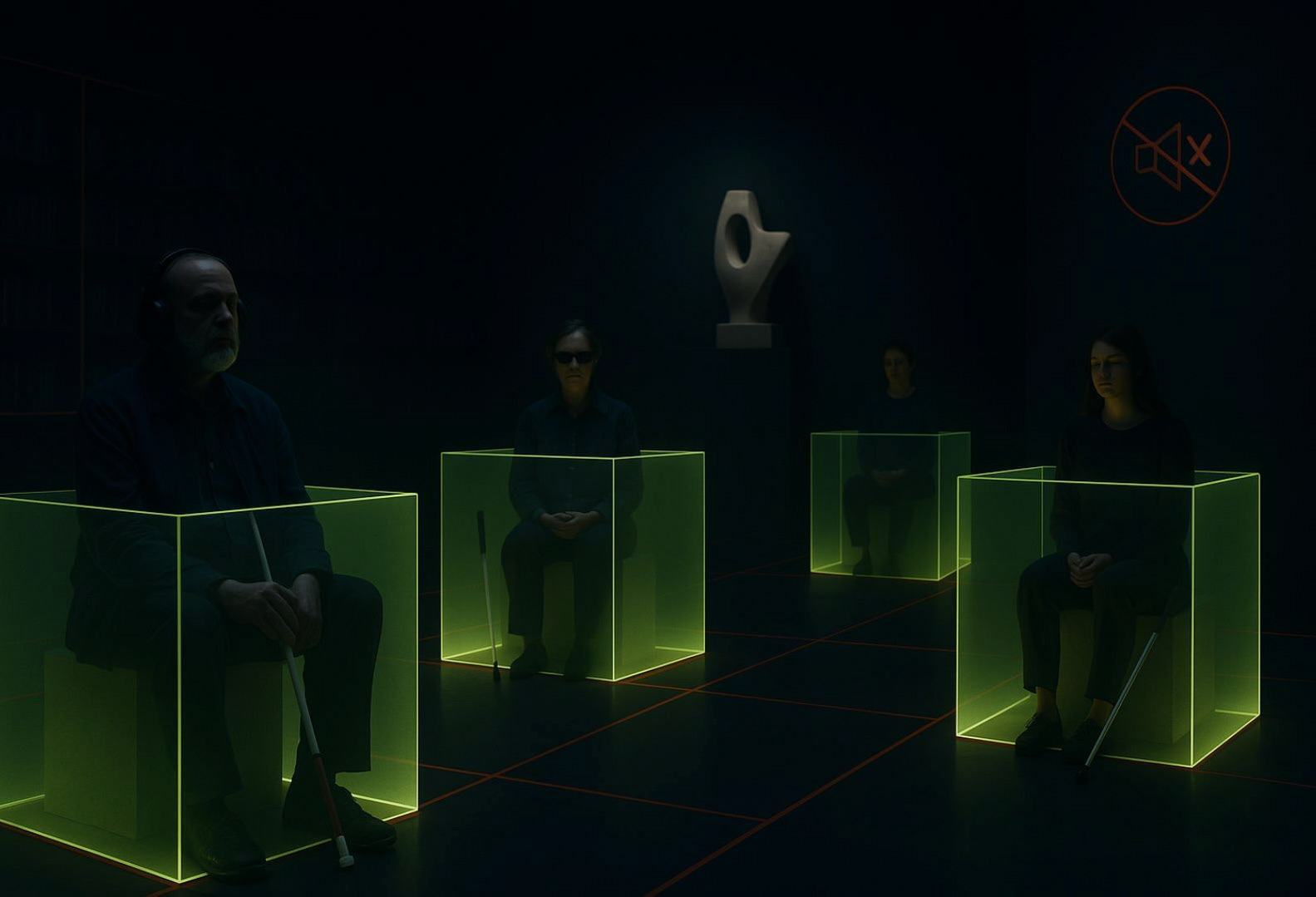 07. Total void:Finally, the experience culminates in silence; a private space for introspection and pure reflection. In this space, each person is placed in their individual cubicle. The journey ends in the void, where each individual's refuge and deepest spirituality reside.