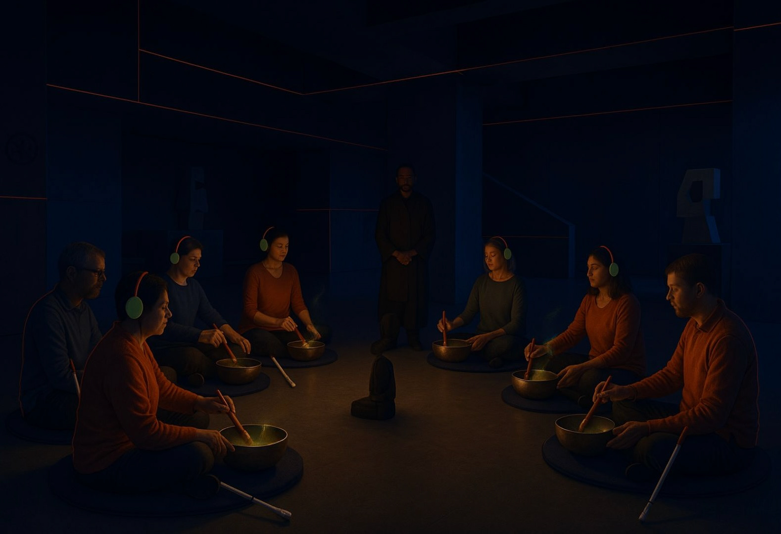 05. Connecting: At this point, the social concept present in Oteiza's works is explored, aiming to connect with other group members through sound. This involves a healing meditation using Tibetan bowls, where each participant plays a bowl, creating harmony together. Additionally, this space serves as a moment to remember and express gratitude for the people who are or have been a part of our lives.