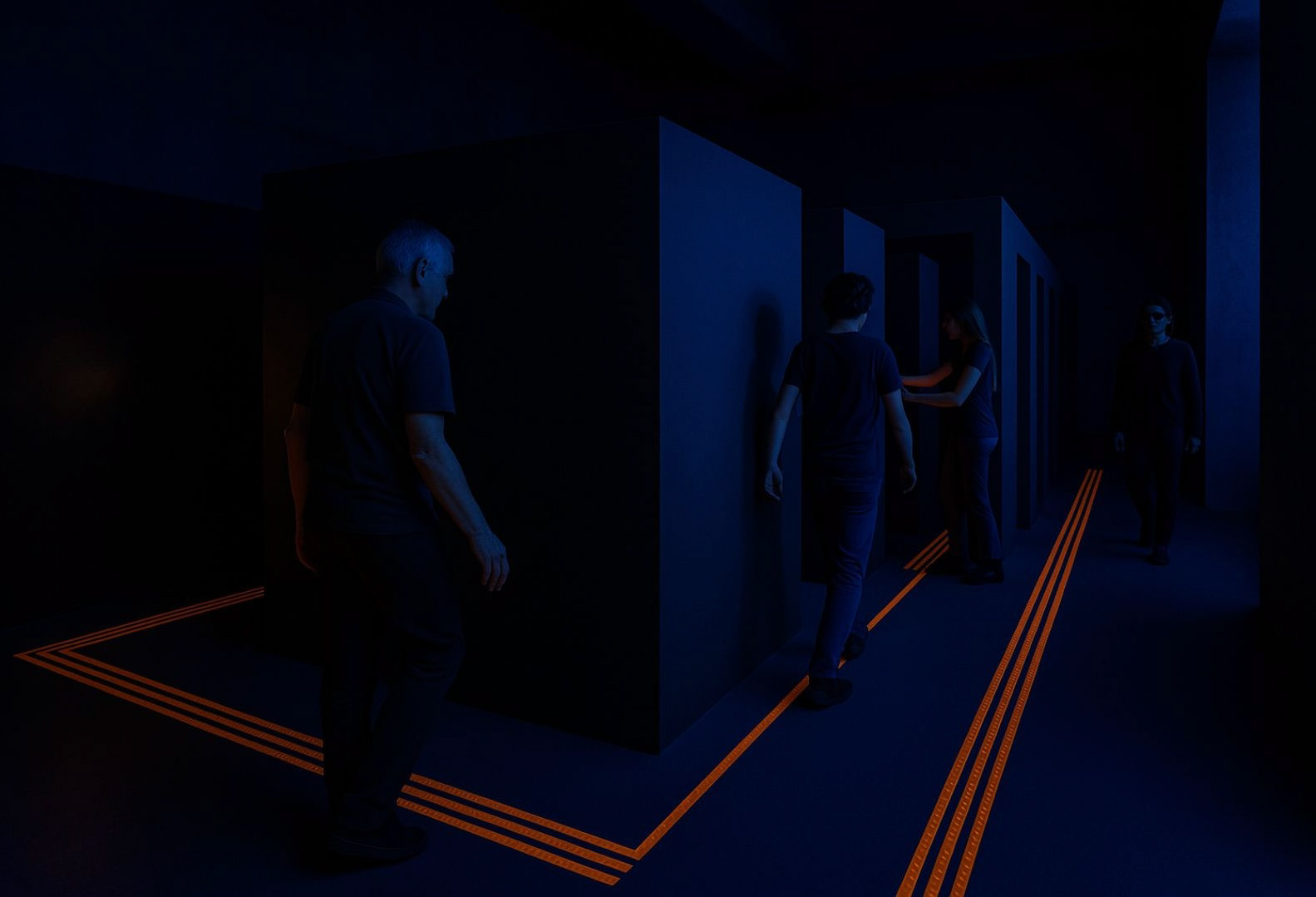 06. Movement: This area represents the negative space of the sphere, a space of instability, dynamism, and confusion. It is achieved through a simple maze where participants must find the exit as quickly as possible. It is important to note that if anyone is unsure of how to proceed, staff will be available to provide assistance and guide them to the exit. Next to it, the maze walls and tactile guides are displayed.